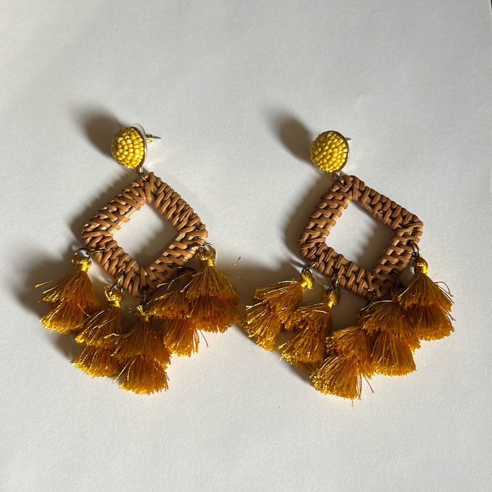 Woven rattan earrings with fringe tassels and beaded stud detail